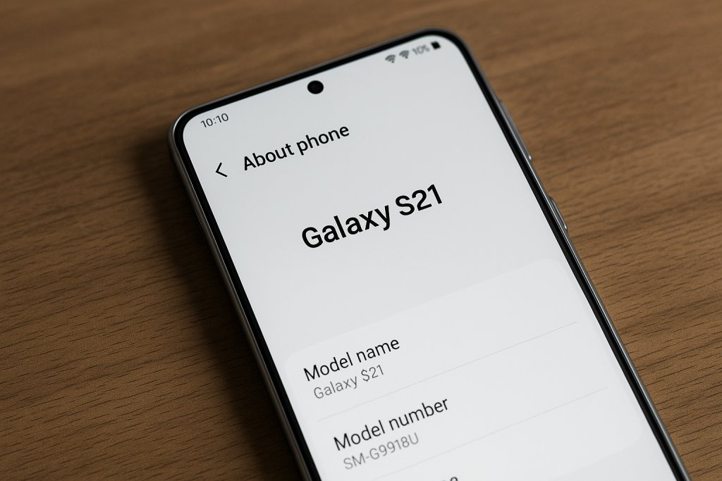 About phone screen on a Galaxy S21 highlighting the model number