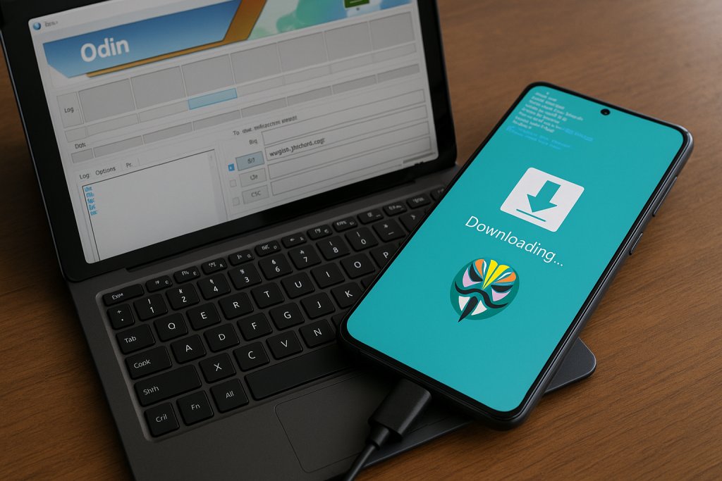 Odin running on Windows flashing a patched AP to a Galaxy S21 in Download Mode