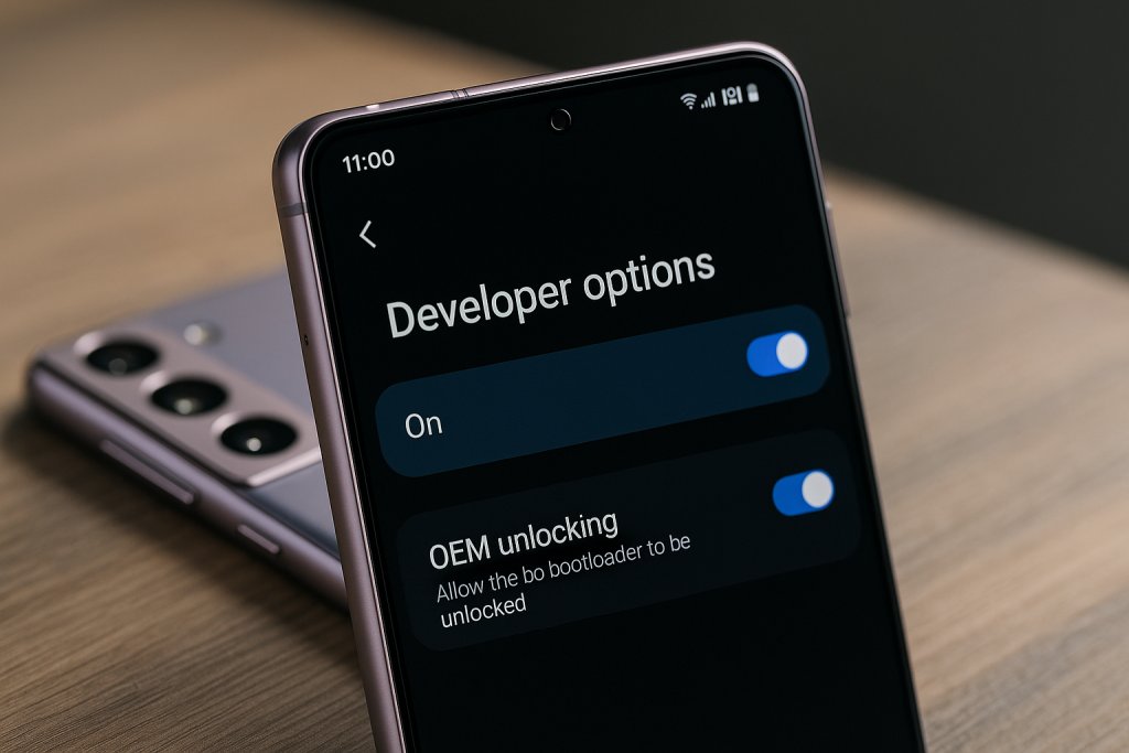 Samsung Galaxy S21 showing the OEM Unlock toggle in Developer options